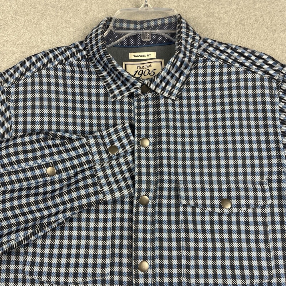 Jos A Bank Shirt Men L Blue Check Stretch Lined Heavy Shacket Button Up L/S Snap